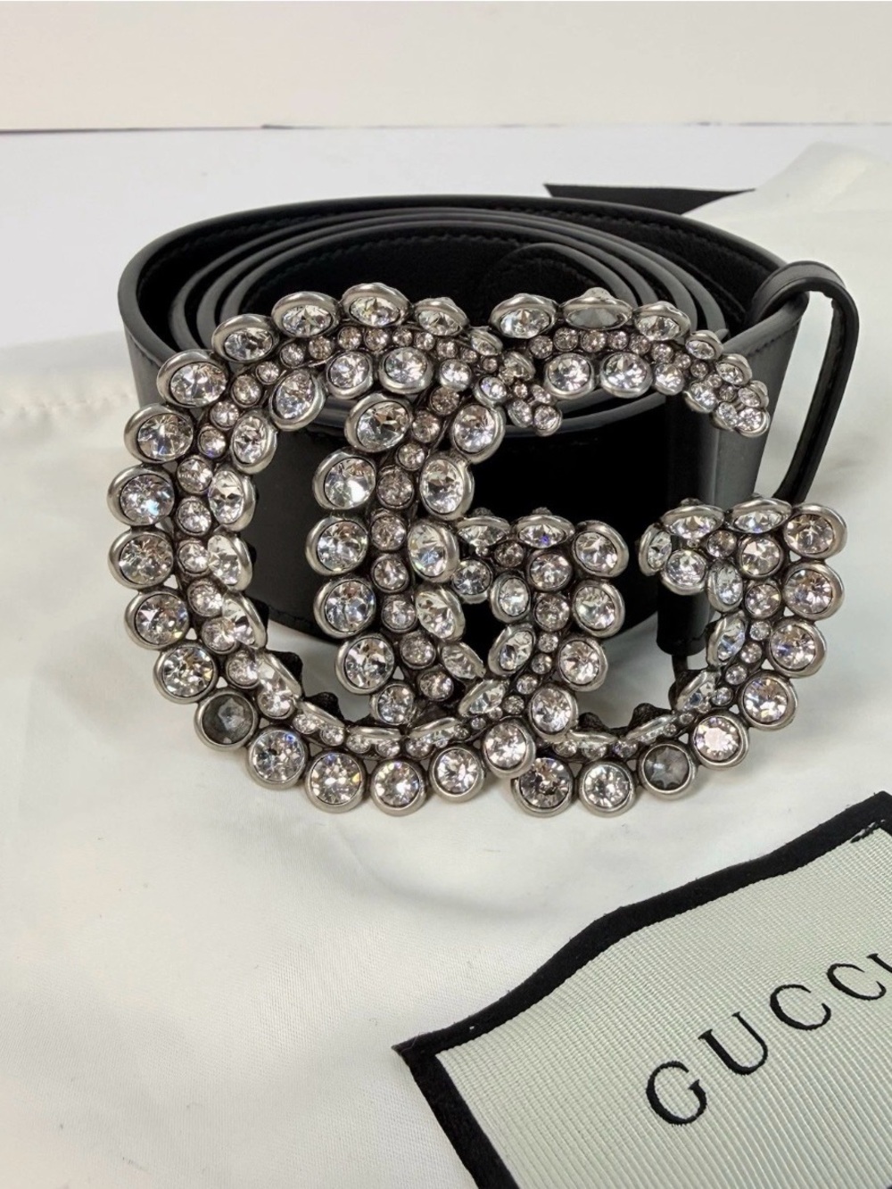 Gucci Black Leather Belt with Crystal-Embellished Double G Buckle sz 100-40
